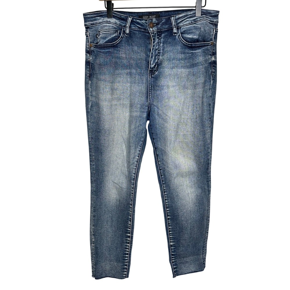 Judy Blue High Waist Relaxed Fit Jeans Raw Hem Dark Wash Ankle Stretch 31 EUC